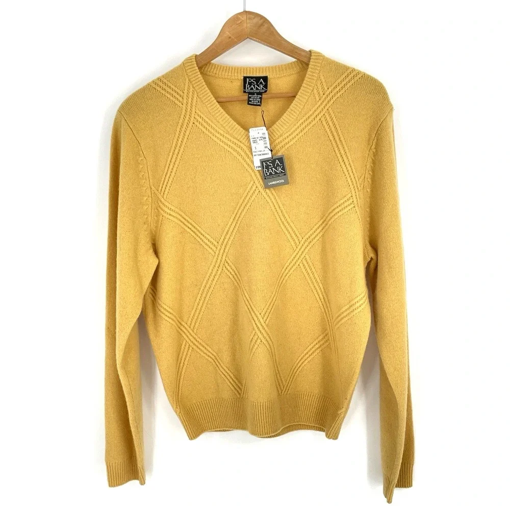 NWT Jos A Banks Mens Small‎ Lambs Wool Sweater Gold V-Neck $99